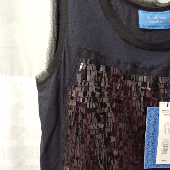 Vera Wang Tank Top Black Sequins Eyelash Lace Edges Cotton Blend Medium M - Picture 5 of 11